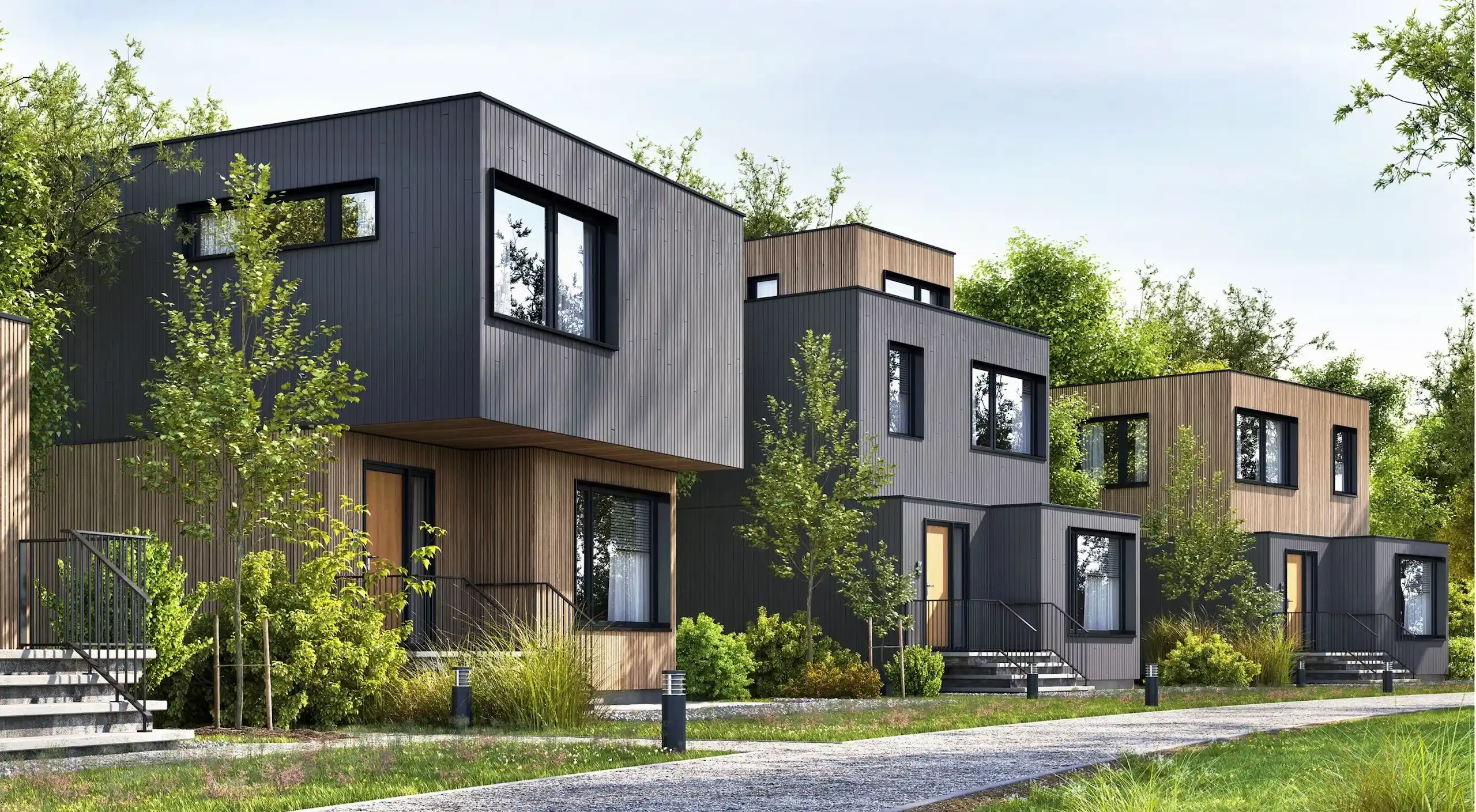 Moderne Wohnhäuser mit klaren Linien, Holz- und Aluminiumfassaden – ideal für Wintergärten, Pergolen und Jalousien aus Aluminium