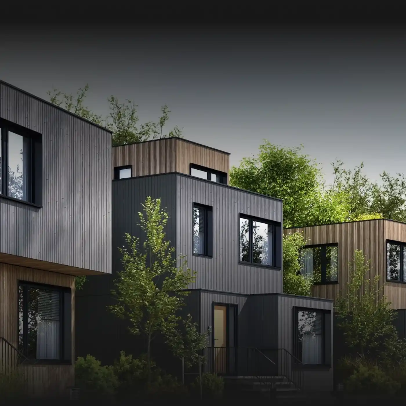 Moderne Wohnhäuser mit klaren Linien, Holz- und Aluminiumfassaden – ideal für Wintergärten, Pergolen und Jalousien aus Aluminium